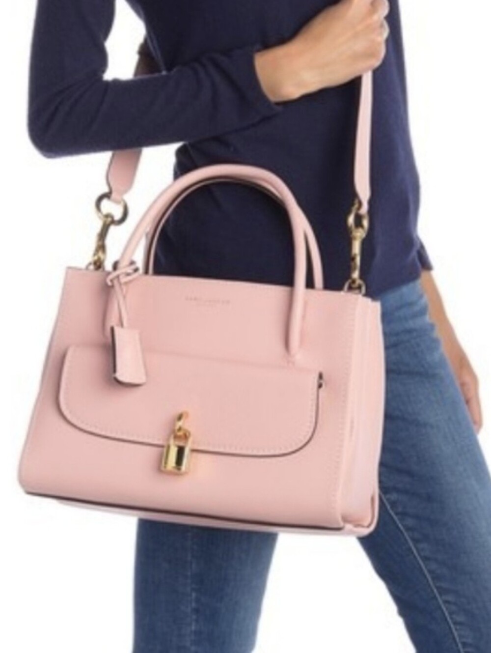 Pink Leather Top-Handle Satchel with Gold Lock
